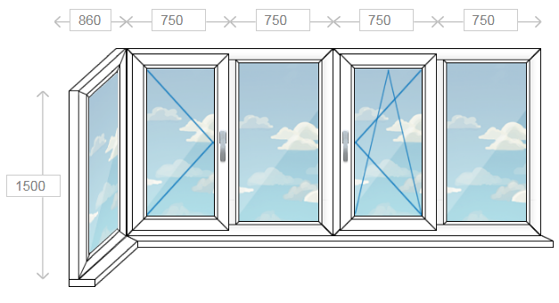 Остекление балкона или лоджии на пять створок (Г-образный)