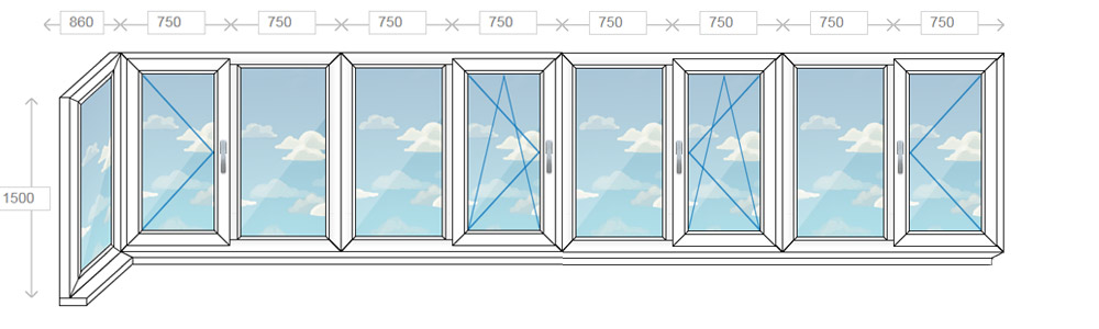 Остекление балконов и лоджий на девять створок (Г-образный)