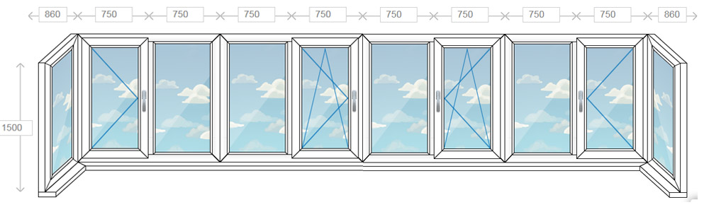 Остекление балконов и лоджий на десять створок (П-образный)