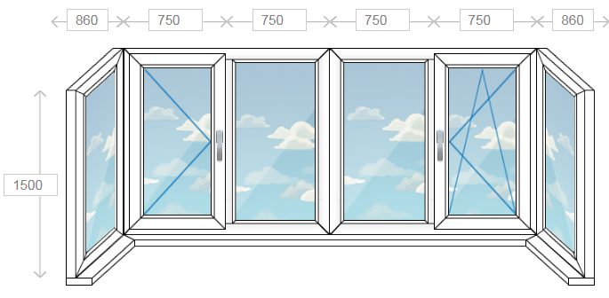 Остекление балконов и лоджий на шесть створок (П-образный)
